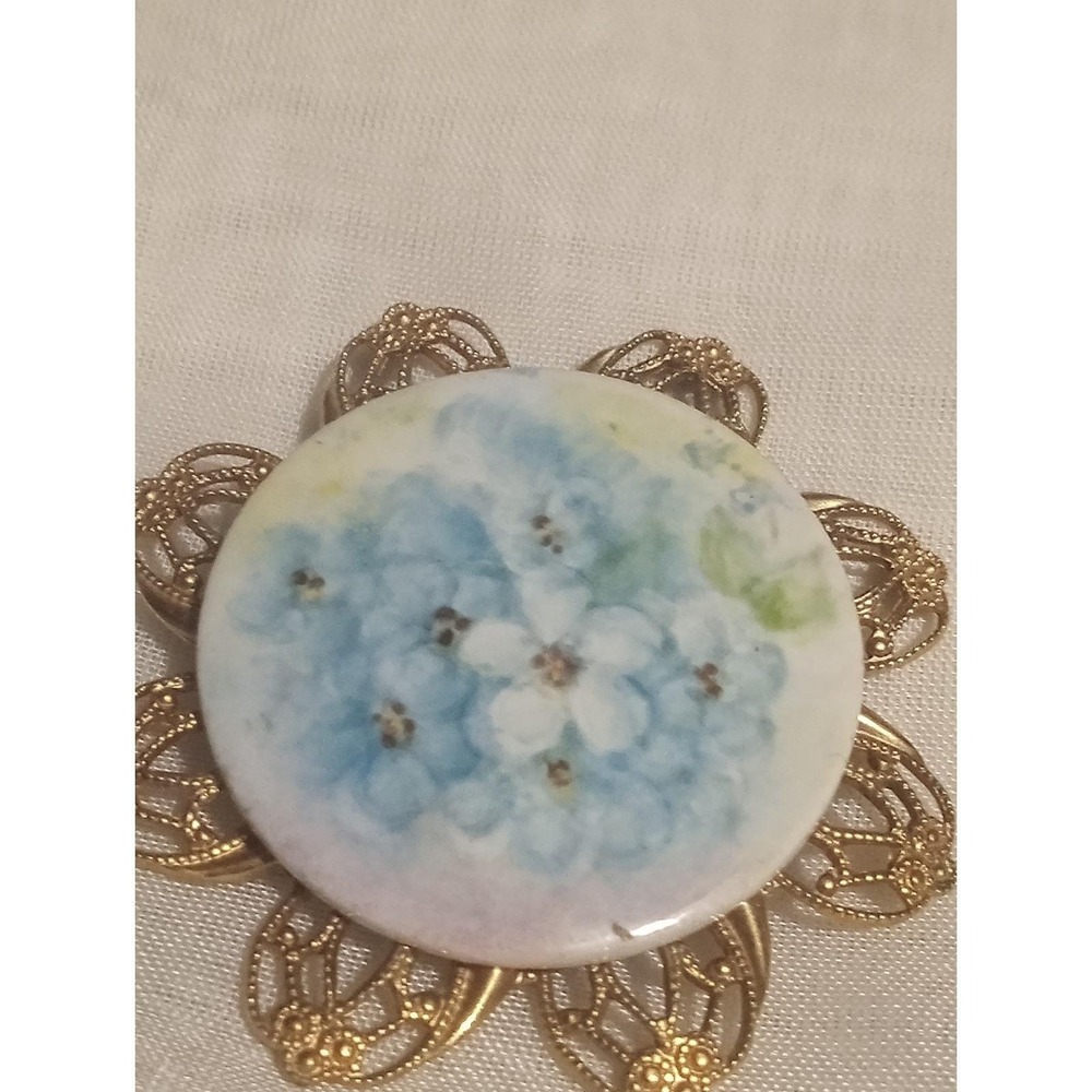 Hand painted flower pin 70's vibe brooch vintage jewelry Retro Gold Blue